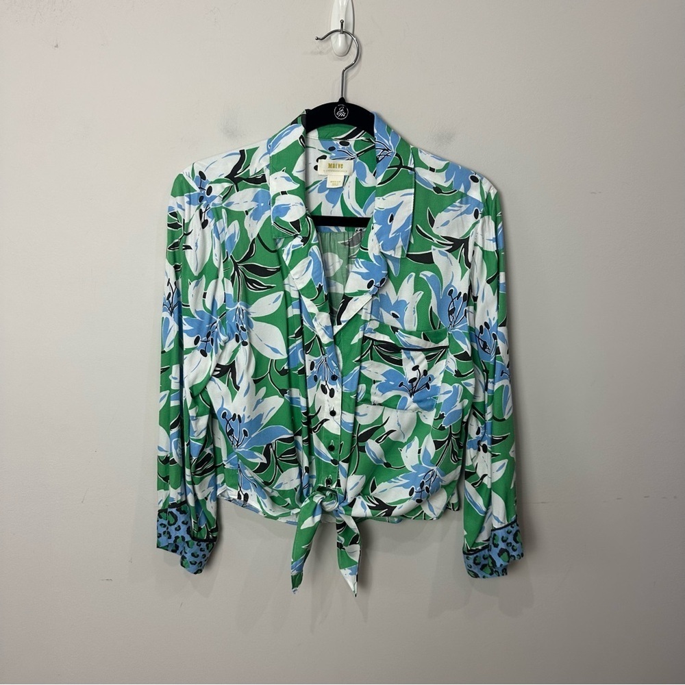 Anthropologie Maeve Matching Set Shirt Pants Floral Animal Print Green Blue - Picture 5 of 12